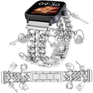 22mm Cuban Chain Band Compatible with Samsung Galaxy Watch 3 45mm,Gear S3 Frontier/Classic,Galaxy Watch 46mm,IDW19,IDW17,13,Bling Diamond Metal Wristband with Cute Charms Pendants Women
