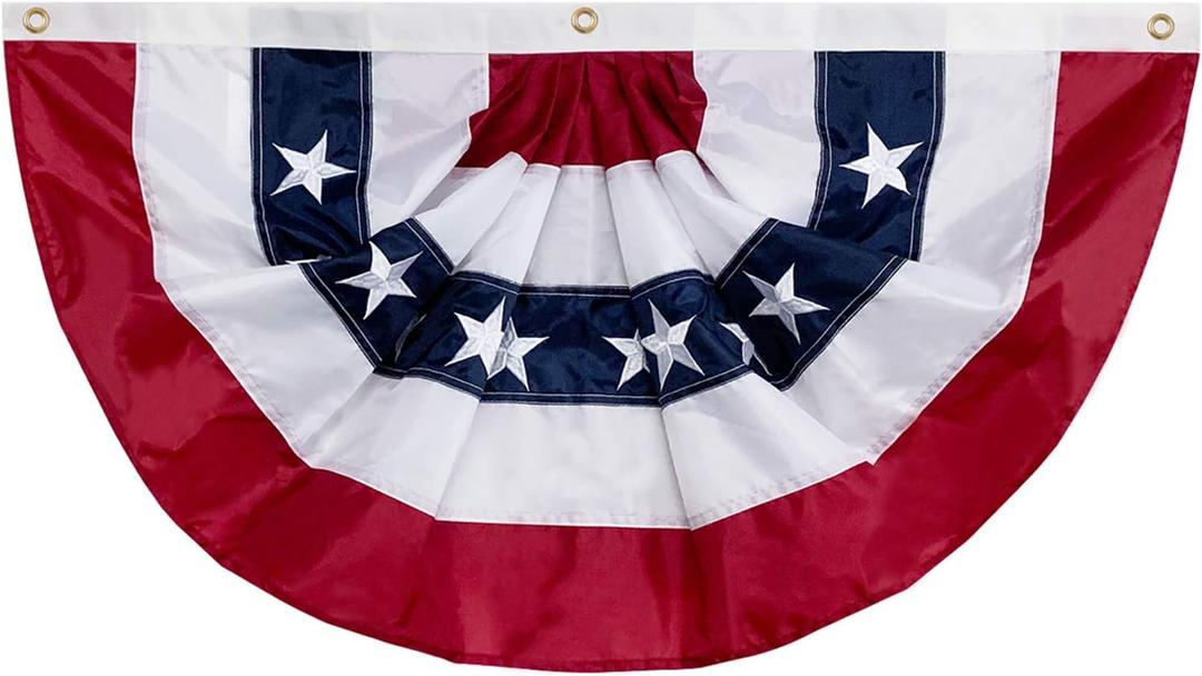 58"x27" USA Patriotic Nylon Bunting Pleated Flag, 2 Sided, Embroidered Stars, Sewn Stripes, Grommets- July 4th American Flag Decor Outdoor Use- Americana Inside Outside Porch Rail or Window Decoration