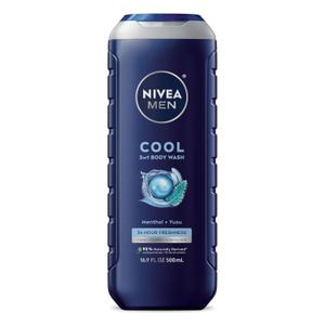 Nivea Men Cool Body Wash, Icy Menthol and Yuzu Scent, 3-in-1 Men's Body Wash, Face and Hair, Paraben Free, pH-Skin Friendly, 16.9 Fl Oz Bottle