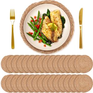 30 PCS Round Bulrush Woven Placemats 13.8 Inch Boho Rattan Chargers for Dinner Plates Natural Hand Weave Table Mats Rustic Wicker Braided for Farmhouse Home Wedding Party Outdoor Christmas Decor