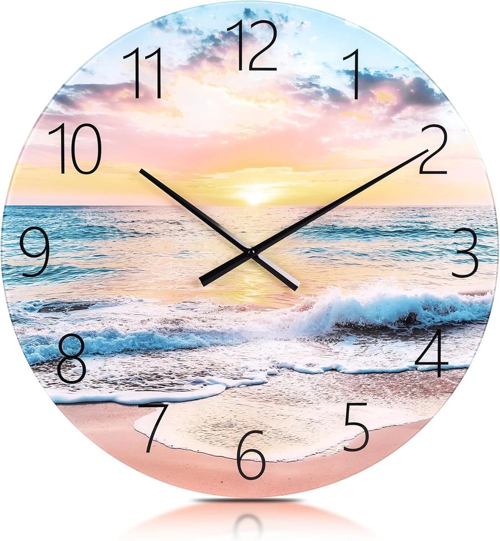 24in Glass Wall Clocks for Living Room Decor, Decorative Wall Clocks Battery Operated, Silent Kitchen Clocks, wall Clock for Bedroom, Bathroom