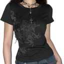 Vintage Y2K Grunge Aesthetic Gothic Punk T Shirt Short Sleeve Rock Graphic Print Crop Tee Slim Fairy Cotton Streetwear (Small, Black 14)