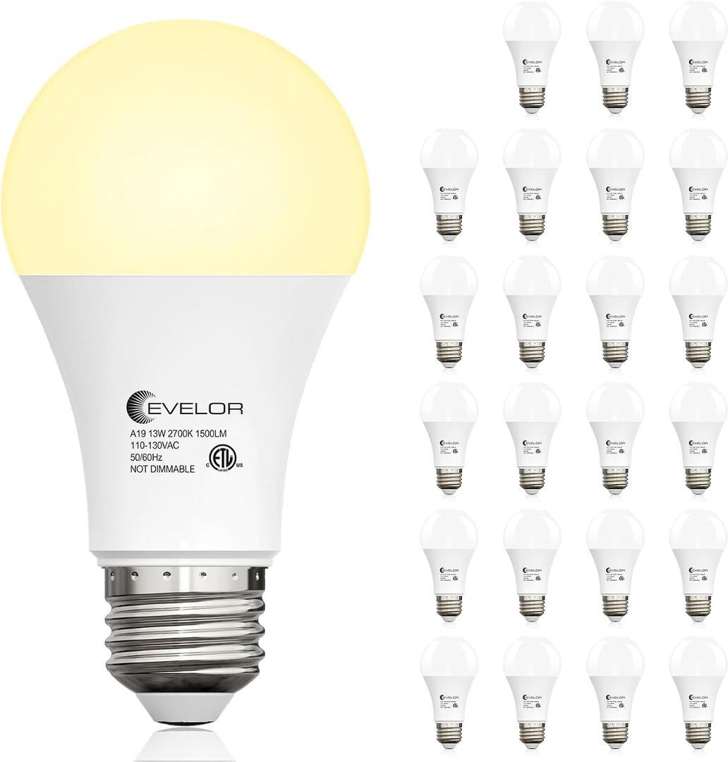 evelor 24-Packs A19 LED Light Bulbs,100 Watt Equivalent 2700K Soft White Bright Bulbs Efficient 13W,1500 Lumens E26 Base, Non-Dimmable, 15000-Hour Lifespan for Bedroom, Living Room, Office