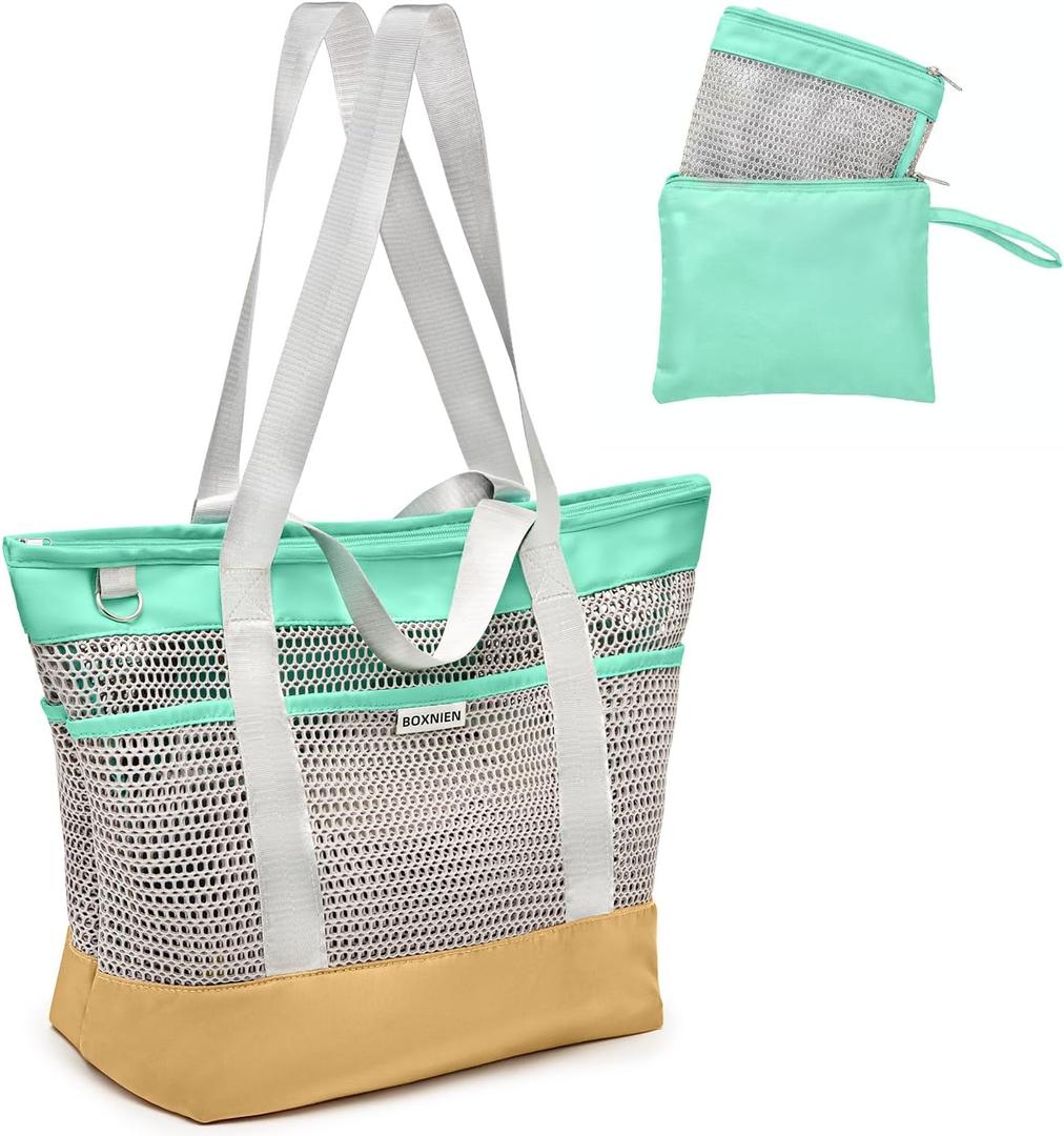 Mesh Beach Bag for Women - XXL 28L Foldable Tote, Sandproof Waterproof Bottom, Zippered Top, 7 Pockets, Lightweight Packable Pool Swim Bag for Travel, Cruise, Vacation