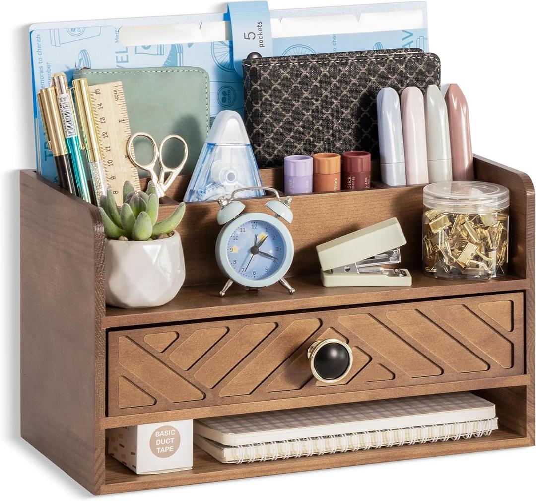 dreampossible Brown Wood Desk Organizer and Accessories with Drawer, Bill Mail Organizer and File Mail Holder for Office Supplies, Desk Accessories & Workspace Organizers