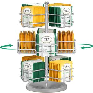 EsLuker.ly Tea Bag Holder Organizer for Counter 3 Tier Metal Tea Bag Storage Rack, Spinning Carousel Tea Packet Display Stand, Tea Organizer Station with Easy Access for Kitchen Office, Silver