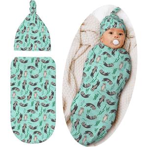 Sea Otter Swaddle Blanket with Beanie Hat Set Boys Girls, Cute Sea Otter Lover Gifts Sleep Sack Receiving Blanket for Infants & Newborns