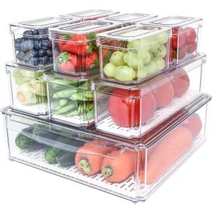 Pomeat 10 Pack Fridge Organizer, Stackable Refrigerator Bins with Lids, BPA-Free Produce Fruit Storage Containers for Fridge, Clear for Food, Drinks, Vegetable