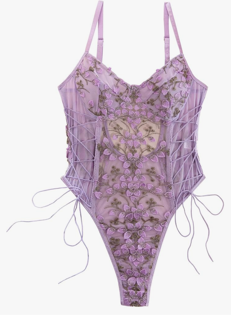 Lilosy Women Sexy Lace Up Floral Embroidered Teddy Lingerie Bodysuit Top Mesh Sheer One Piece L