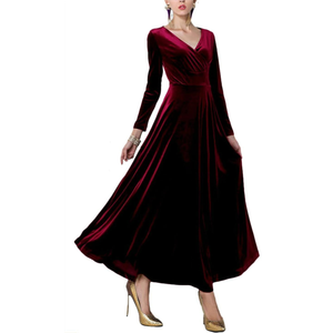 Urban CoCo Women Long Sleeve V-Neck Velvet Stretchy Long Dress, Size M, Burgundy