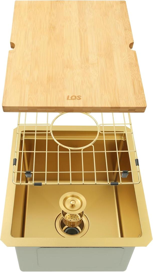 LQS Gold Undermount Bar Sink, 15" x 17" Gold Kitchen Sink, 16 Gauge Stainless Steel RV Kitchen Sinks, Small Bar Sinks with Cutting Board and Accessories