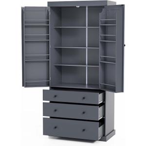 77" Tall Kitchen Storage Cabinet Pantry Wood Freestanding Large Cupboard with 3 Drawers,3 Adjustable Shelves,8 Door-Shelf for Dining Room,Grey