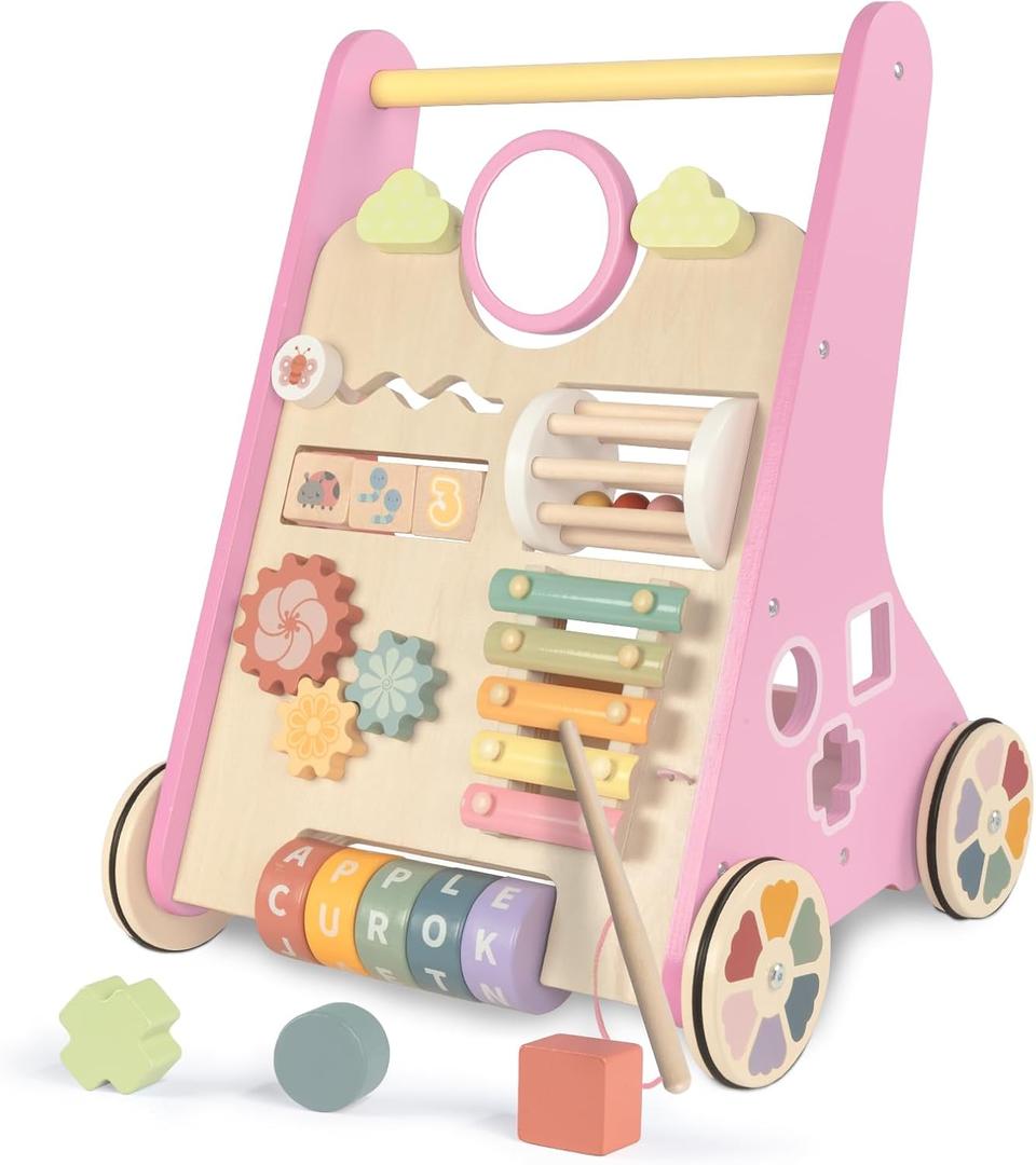 LOL-FUN Wooden Baby Walker With Wheels for Girls 12 Months - Pink Push Toy for 1 Year Old Walking