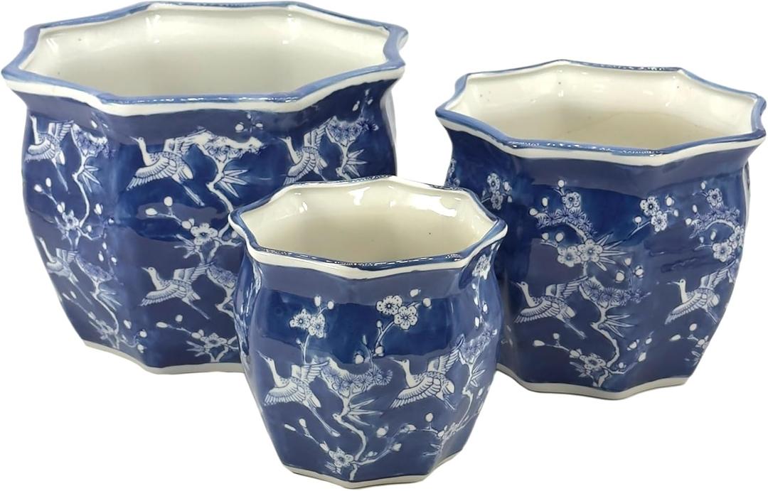 Galt International White & Blue Crane Round Fluted Floral Porcelain Ceramic Plant Flower Planter Pot Set of 3 (7.5", 10", 13") Garden Pots Chinese Asian Design (White & Blue Crane - Round Fluted)