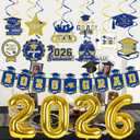 Blue and Gold 2026 Graduation Decorations Set - 2026 Grad Banner, Grad Hanging Swirls and 2026 Foil Balloons for College High School 2026 Graduation Party Decorations Blue and Gold