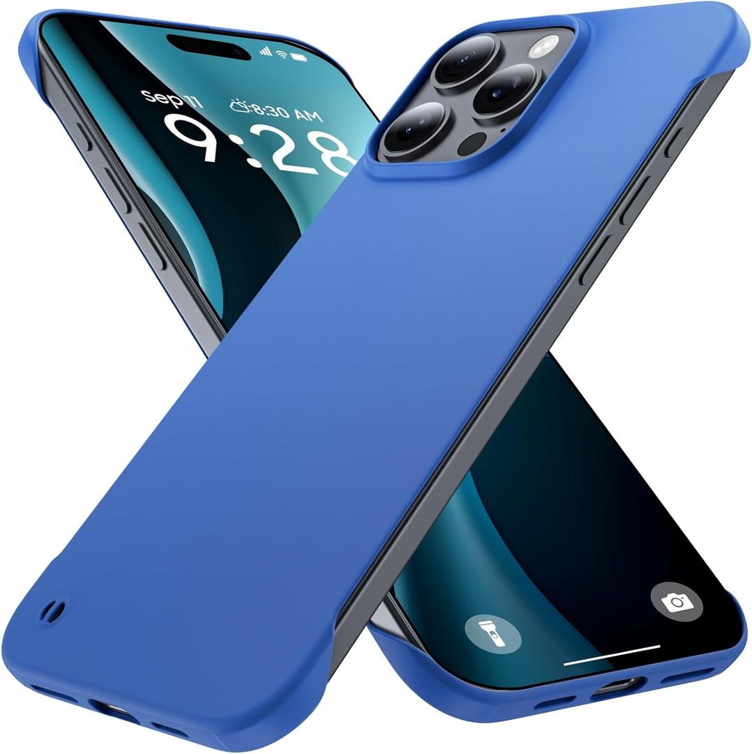 Slim Borderless for iPhone 16 Pro Phone Case 6.3"(2024) Ultra-Thin Lightweight Frameless Matte Hard PC Cover Case with Pull Ring Shockproof Non Slip Rope,Suppor Wireless Charging-Blue
