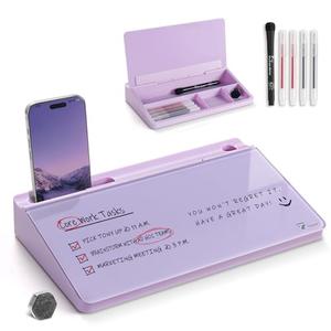 TOWON Small Compact Glass Desktop Whiteboard with Storage – 12 x 7 in Dry Erase Board for Desk, Home Office, School | Includes 5 Markers, Eraser & Holder | Space-Saving Organizer, Aesthetic Lavender
