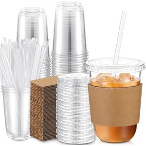 Ziliny 50 Sets Clear Plastic Cups with Lids Straws and Cup Sleeve, Disposable Plastic Iced Coffee Cup for Cold Drinks Juice Smoothie Coffee Shops Party Catering (16 oz) (EXP 01/01/29)