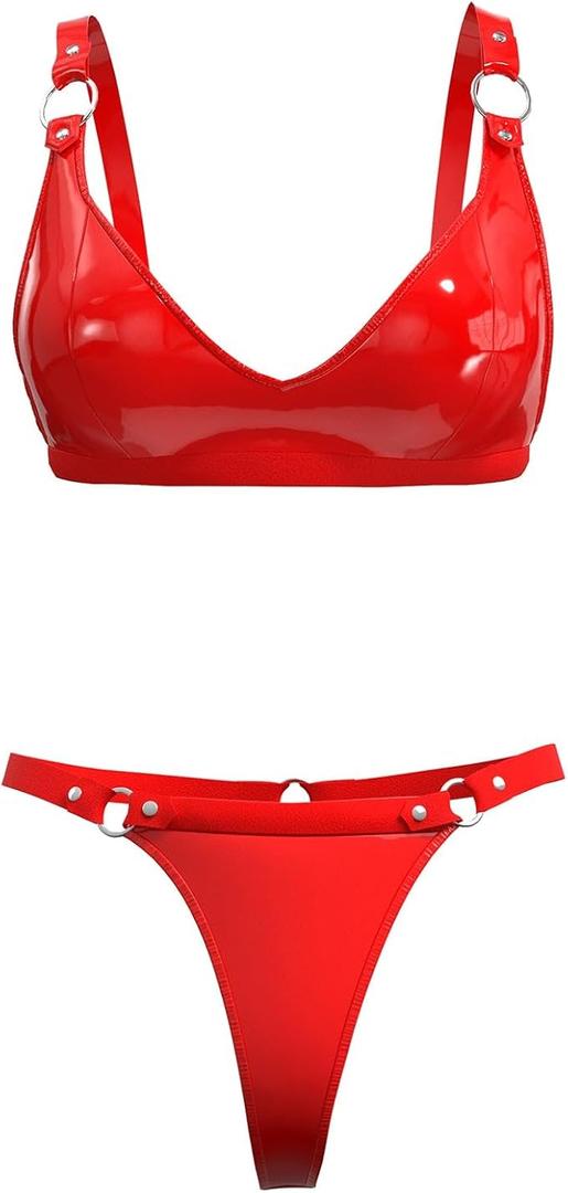 Women Sexy Leather Lingerie Set, High-Elastic Shorts, Glossy, Shiny Shaping Latex Bra Adjustable M