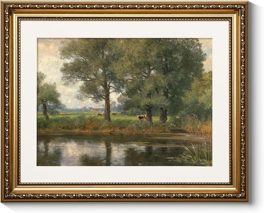 ARPEOTCY Vintage Gold Framed Wall Art, Retro Riverside Landscape Paintings, Canvas Prints Pictures Frame Artwork, Victorian Wall Decor for Living Room Bedroom Bathroom, 13x16 inch