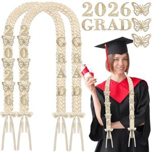 Suncalla 1/2 Pack Graduation Leis Class of 2026 Ivory Satin Ribbon Necklace with 11 Letters and Numbers Flower Butterfly Pin Pearl Bow Money Leis for College Senior Grad Gift(Beige,2 Pcs)