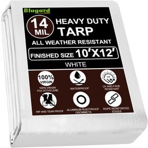 Tarp Waterproof 10x12 Ft Heavy Duty Tarp Thicker 14 Mil Large Tarps with Grommets and Reinforced Edges, UV Resistant Tear&Fade Resistant Plastic Tarp for Outdoor Camping Roof Pool Tent, White