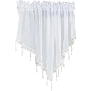 1Pcs White Sheer Valance Curtains 51.2 x 23.6 Inch, Beaded Swag Valances for Windows Living Room Kitchen Bedroom Bathroom, Short Top Farmhouse Valance Curtains with Rod Pocket Tassel Voile