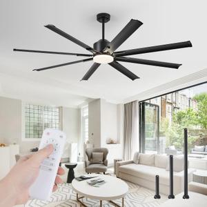 72 inch Aluminium Blade Ceiling Fans with Lights and Remote, Outdoor Ceiling Fans for Patio Living Room with Quiet DC Motor, 6 Speed Reversible, 3 CCT, Black Industrial Ceiling Fan, 8 Blades