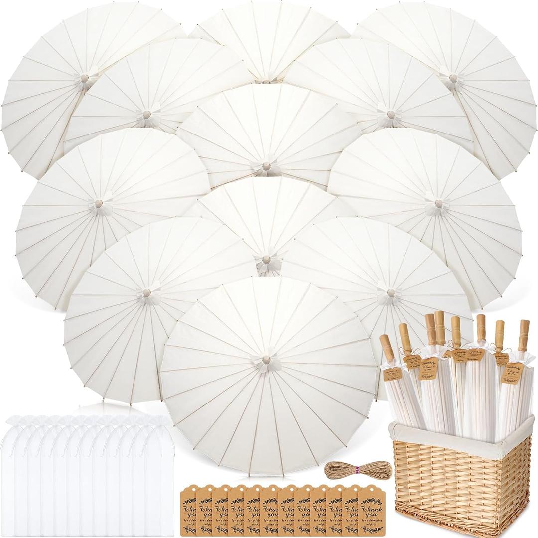 Huhumy 12 Set Parasol Umbrella 33 Inch Wedding Paper Umbrellas Thank You Card Chinese Japanese Parasol DIY Oiled Paper Painting Craft Decorative for Bridal Party Decor Outdoor Photography Props(White)