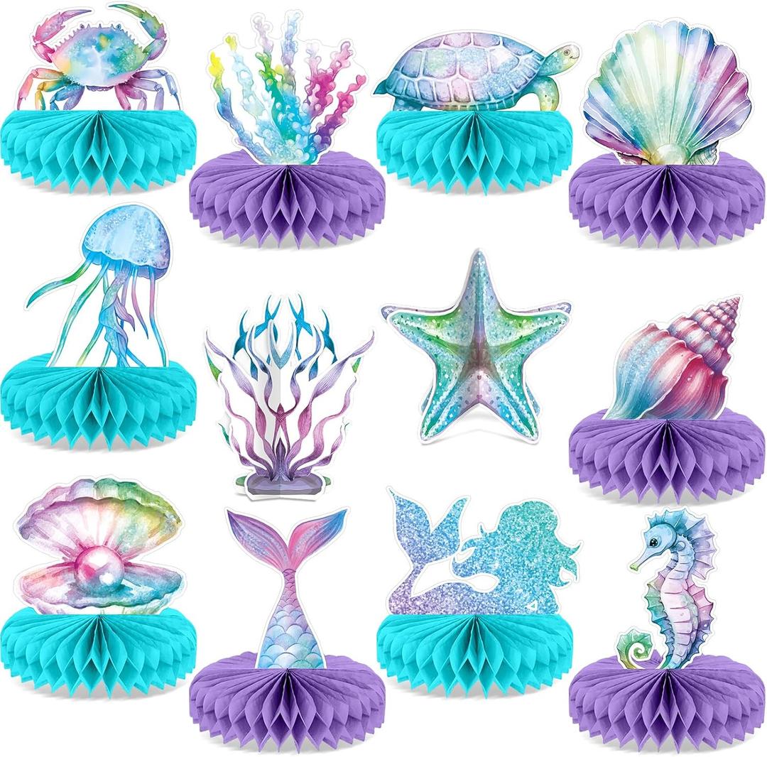 12Pcs Mermaid Party Supplies Mermaid Birthday Honeycomb Centerpieces for Under The Sea Party Decorations Ocean Mermaid Theme Table Honeycomb for Ocean Mermaid Theme Birthday Baby Shower Party Favors
