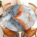 Waterproof Round Tablecloth with Elastic Edge, Fitted Round Table Cover Wipeable Summer Tablecover Fits Tables up to 32-36 for Kitchen Picnic Party, Orange Gray Marble