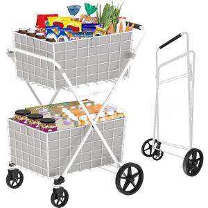 2-Tier Extra Large Collapsible Grocery Cart On Wheels, 400lbs Shopping Cart for Groceries with 2 Removable Baskets, Waterproof Liner, Heavy Duty Foldable Shopping Utility Cart for Seniors