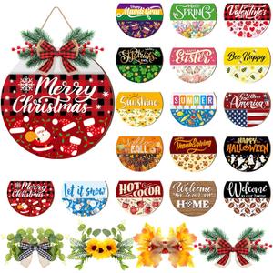 Vicenpal Interchangeable Welcome Sign for Front Door with 17 Magnetic Icons, Wooden Seasonal Front Porch Door Decor with 4 Seasonal Wreaths and 17 Changeable Icons for Holiday Party (White)