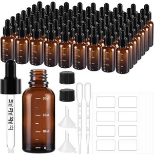 UPBUD 63 Pcs 1oz Amber Glass Dropper Bottles with Measurement, 30ml Leakproof Tincture Bottles with Funnels, Eye Droppers, Extra Caps & Labels, Refillable Empty Bottle for Tinctures, Essential Oils