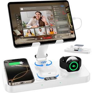 30W Charging Station for Apple Products, Foldable Wireless Charger with Clock Display&7 Color Light, Wired Charging for iPad/ Tablet Charging Station for iPhone17, for Apple Watch11 for AirPods4(White)