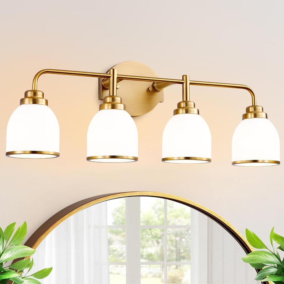 4-Light Bathroom Light Fixtures, Brushed Gold Vanity Lights for Bathroom with Milk White Globe Glass Shade, Vintage Bathroom Lighting Fixtures Over Mirror for Bedroom Living Room Hallway