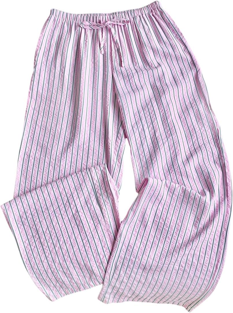 WDIRARA Women's Striped Wide Leg Pants Drawstring Elastic Waist Lounge Pants (Pink, XL)