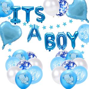 Baby Shower Decoration For Boy, Baby Shower It's A Boy Blue Star Heart Balloon, Elephant Balloons, Footprints, Blue Balloons For Gender Neutral Party Decoration