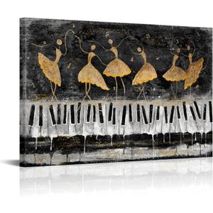 Conipit Music Theme Canvas Art Abstract Music Dancing Girl Picture Prints Black White Gold Piano Keys Artwork for Studio Instrument Shop Decor 24''x36'' Framed
