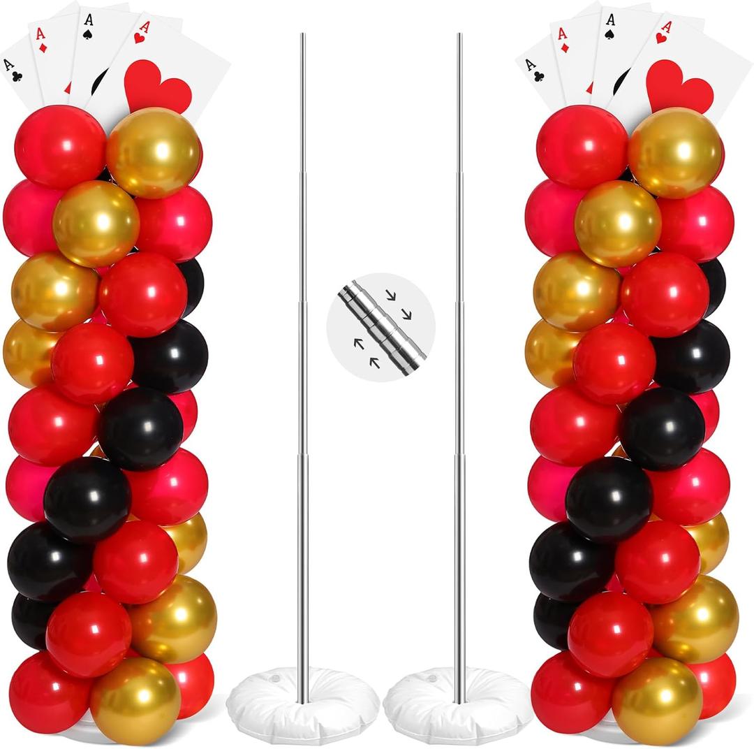 2 Sets Casino Theme Party Decoration Adjustable Poker Themed Balloon Column Stand Kit 8 Pcs Jumbo Poker Cards 129 Pcs Balloon Set for Las Vegas Game Night Birthday Party Supplies(Red Black and Gold)