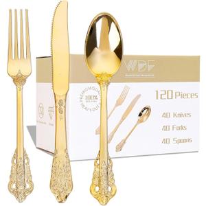WDF 120PCS Gold Plastic Silverware - Heavy Duty Gold Plastic Cutlery Set Disposable Utensils - 40 Forks, 40 Spoons, 40 Knives, Perfect for Party Weeding Daily Use Valentine's Day