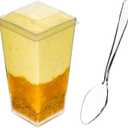 DLux 100 x 3 oz Mini Dessert Cups with Spoons and Lids, Square Tall - Clear Plastic Parfait Appetizer Cup - Small Reusable Serving Bowl for Party Desserts Appetizers - With Recipe Ebook