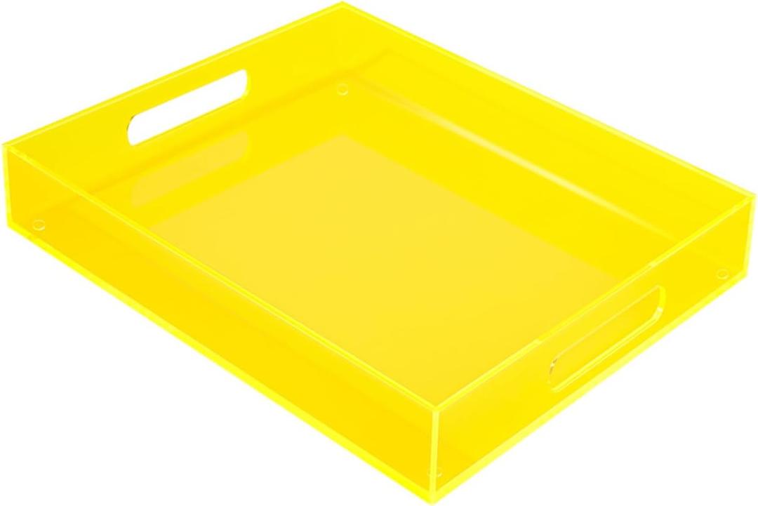 Large Acrylic Tray Ottoman Coffee Table Tray with Handles 17x13'' Decorative Serving Platter for Food Tea Dinner Snack Eating Bar Party, Neon Yellow