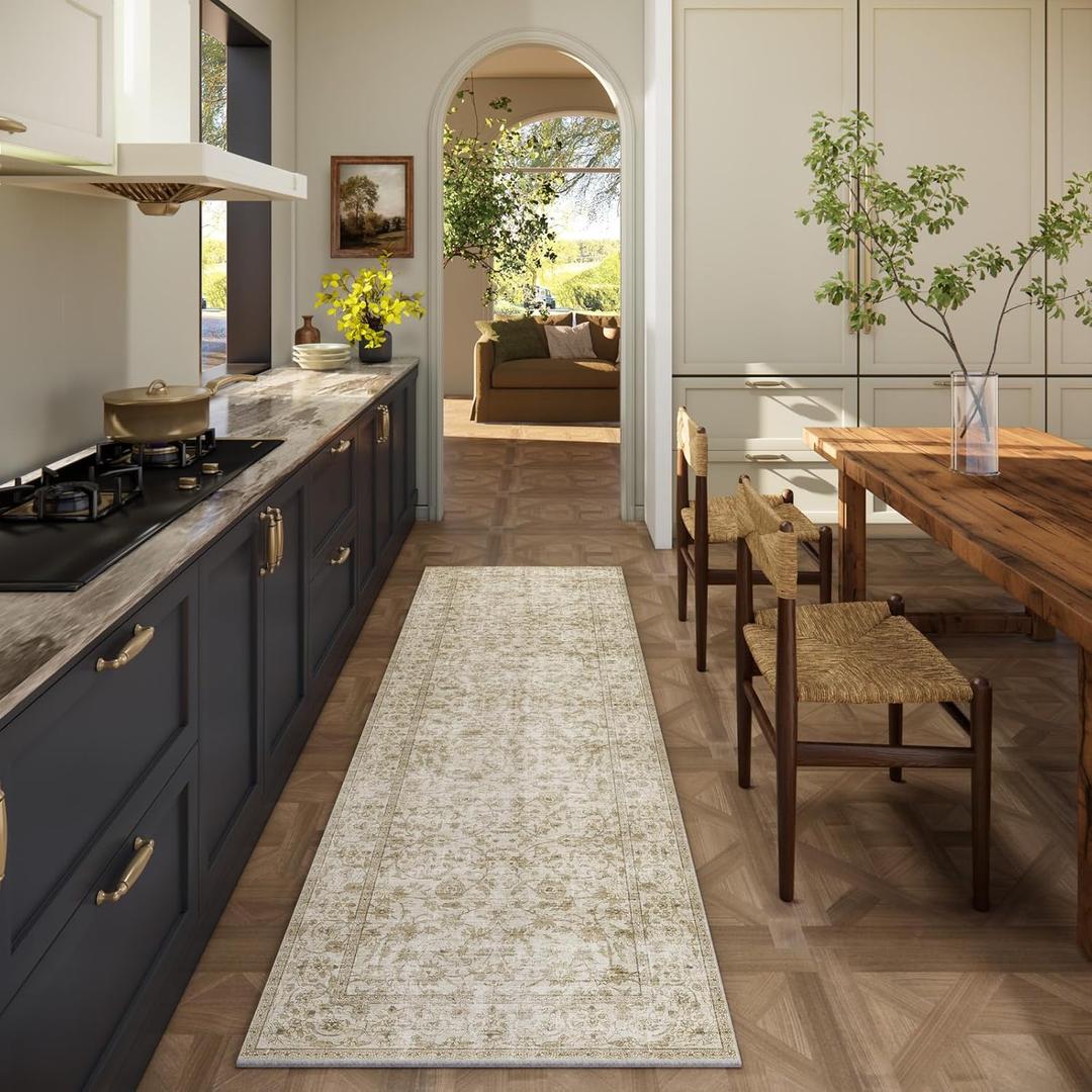 Washable Kitchen Rug Runners for Hallways: 2'x6' Bedroom Runner Rug Non Slip Low-Pile Stain Resistant Soft Carpet Runner for Indoor Entryway Hallways Kitchen Laundry Room Beside Farmhouse (Beige and Brown)