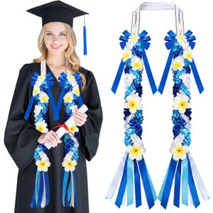 Suncalla Plumeria Graduation Lei 2026 Blue White Hawaiian Ribbon Graduation Braided Lei with Flowers for Adults Class of 2026 School College Student Congrats Grad Gifts Party Accessories