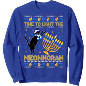Light The Meownorah Jewish Cat Menorah Ugly Hanukkah Sweater Sweatshirt, Royal Blue, Large