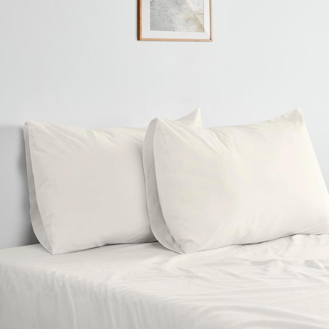 Bioweaves 100% Organic Washed Cotton Percale Weave Pillow Cases Standard Size GOTS Certified Queen Pillow Covers, Envelope Closure  Set of 2, Marshmallow