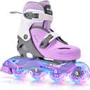 2PM SPORTS Girls Adjustable Illuminating Inline Skates with Light up Wheels, Fun Flashing Beginner Roller Skates for Kids - Purple Size: Large - Youth (4Y-7Y US)