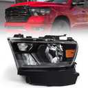 FIONE Halogen Headlights Assembly Compatible with Dodge Ram 1500 2019-2022 Replacement Headlamp with Black Frame Driver Left Side LH 68316087AD 68316087AH
