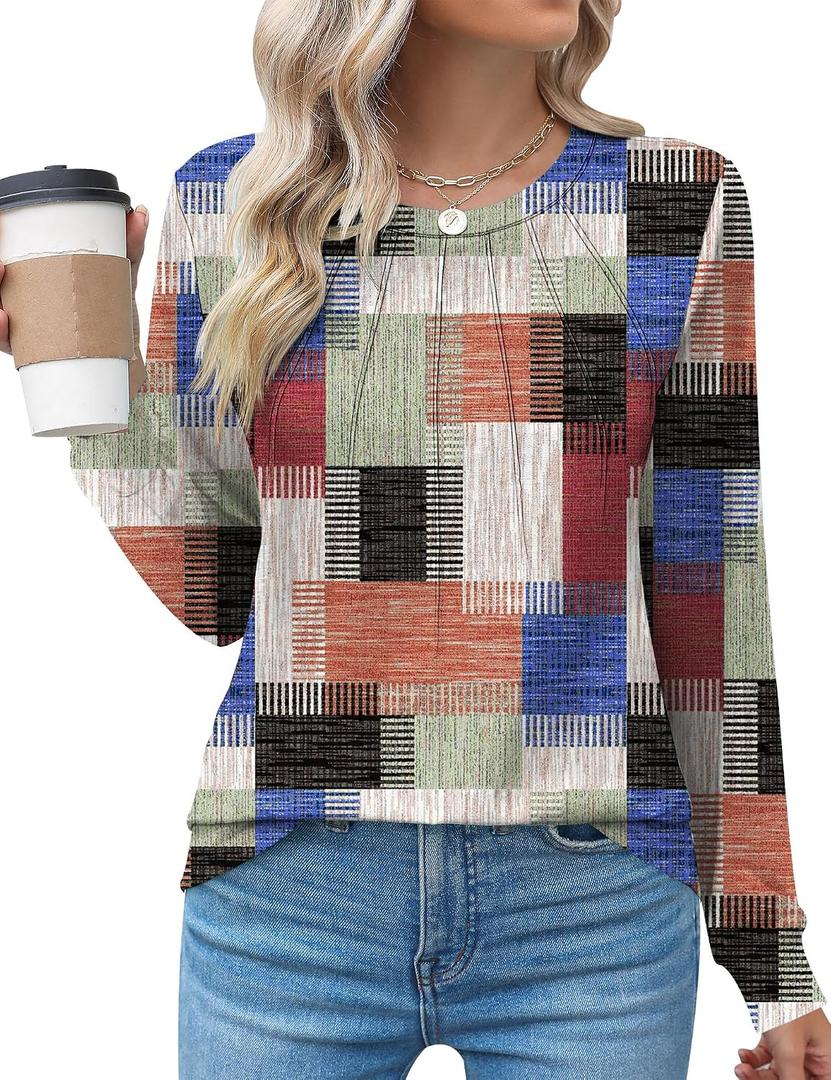 Kistore Women's Long Sleeve Tops Crew Neck Pleated Dressy Casual Blouses T Shirts Fall Clothes 2026 (XL)